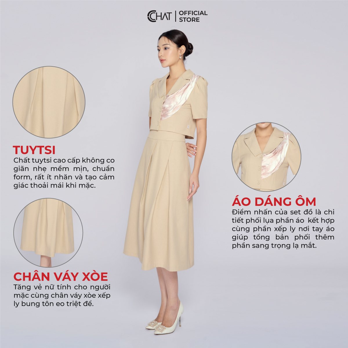 Set Đồ Nữ  Áo Phối In Họa Tiết Chân Váy Xòe Chất Tuytsi Bay Bổng 53BNS8003XT