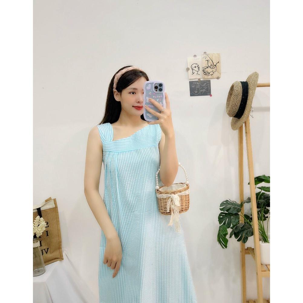 Đầm caro chéo vai, Váy caro lệch vai màu hồng Cao Cấp xẻ tà dáng suông sát nách, nữ tính quyến rũ MiNhi