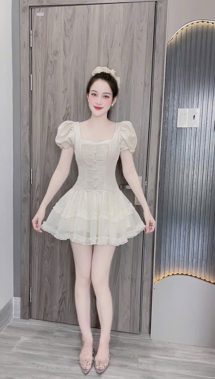 Đầm dự tiệc -Váy thiết kế xếp ngực dọc cúc bọc phối chân tơ viền bèo