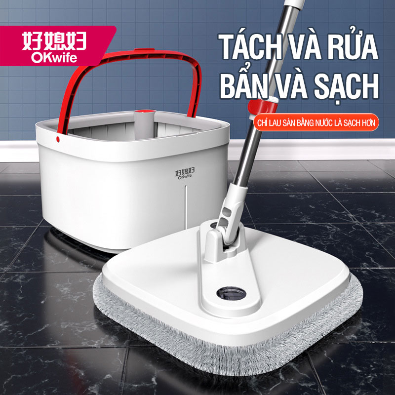 Bộ lau nhà tách nước bẩn OKwife Sunny Mop có thùng lau nhà tự vắt 2 ngăn riêng biệt, cây lau nhà 360 độ lau sàn làm sạch, bảo hành 12 tháng, 2 bông lau