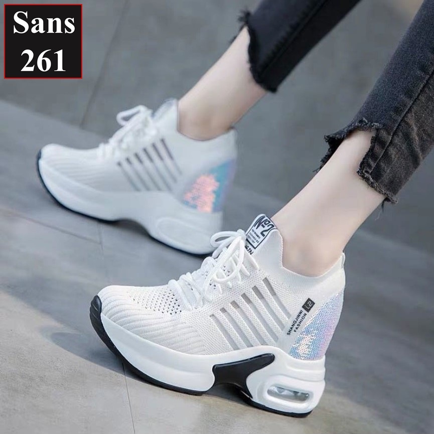 Sneaker nữ độn đế 7cm Sans261 giày thể thao nữ tăng chiều cao 6cm chất vải trắng đen thoáng khí sport sneakers thun