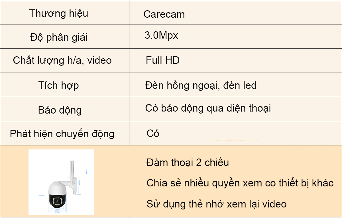 Camera Wifi Ngoài Trời Carecam PTZ 3.0Mps 2 Râu 12 Led, Camera Xoay 360 độ PTZ Full HD Giám Sát Quay Đêm Có Màu - Hàng Chính Hãng