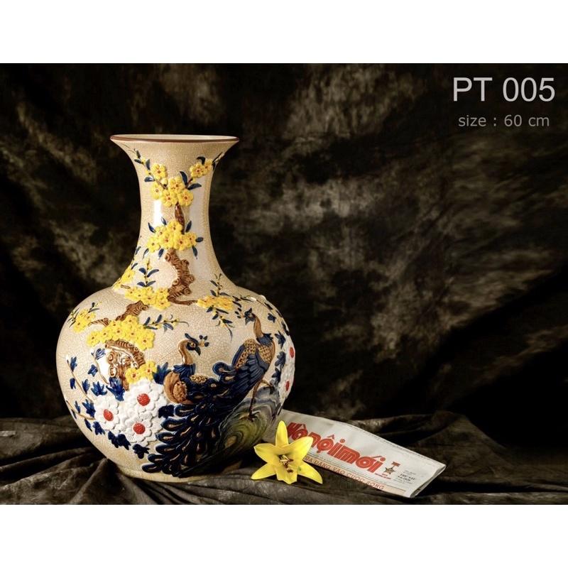 Bình Tỏi H60cm men rạn cổ, họa tiết đắp nổi thủ công”Công đào- Mai vàng- đào hồng”. Gốm sứ Bát Tràng cao cấp.