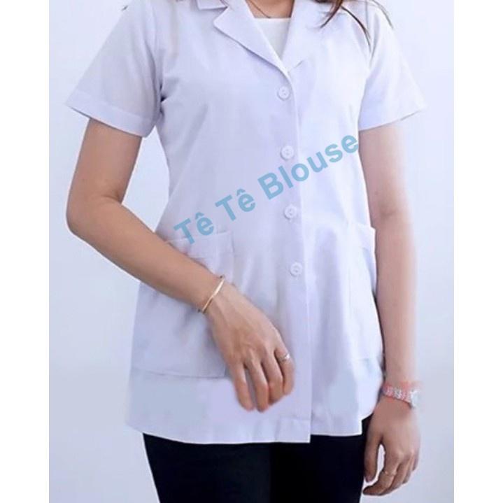 Áo Blouse Nữ CỘC TAY, Dáng Dài Ngang Mông Cho Điều Dưỡng, Y tá ,Dược Sĩ, Vải Lon Nhật mỏng Và Thô Cotton có chiết eo