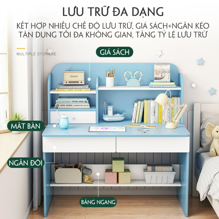 Bàn học trẻ em, bàn học sinh có ngăn kéo kèm giá để sách