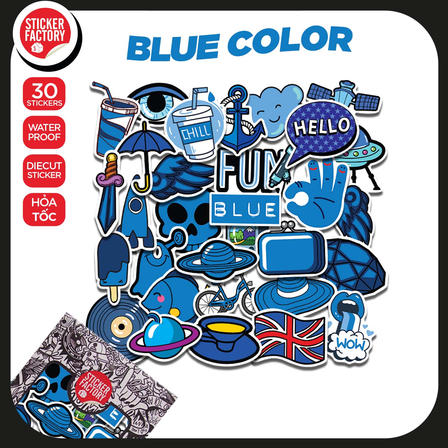 Blue Color - Set 30 sticker decal hình dán nón bảo hiểm, laptop, xe máy, ô tô - STICKER FACTORY