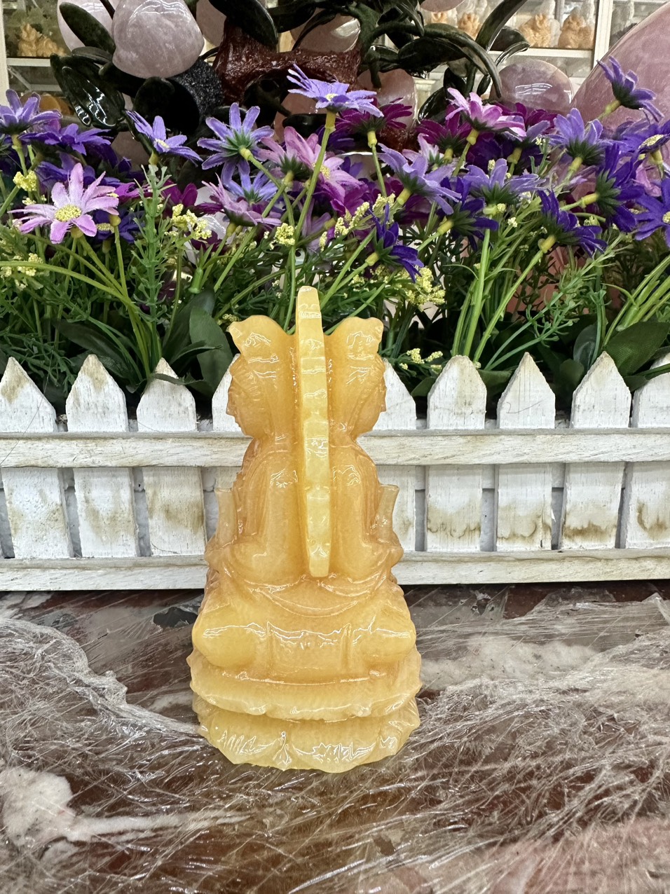 Tượng Phật Bà Quan Âm ngồi đài sen 2 mặt đá ngọc hoàng long