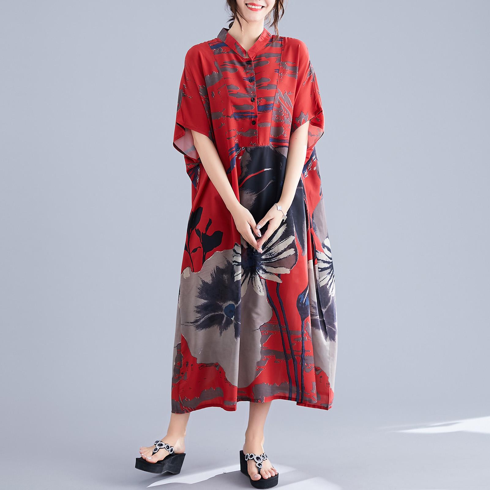 Vintage Women Plus Size Long Dress Floral Short Sleeve Pocket Blouse Dress Loose Casual Midi Dress
