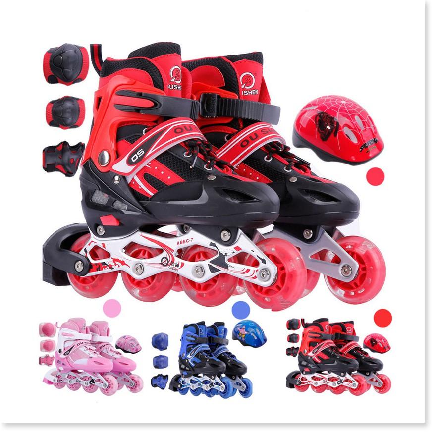 Giày Patin trẻ em tặng kèm bảo hộ chân tay và Mũ , bánh xe phát sáng đi vừa với bé trai và gái từ 3-14 tuổi, có 3 màu Đỏ