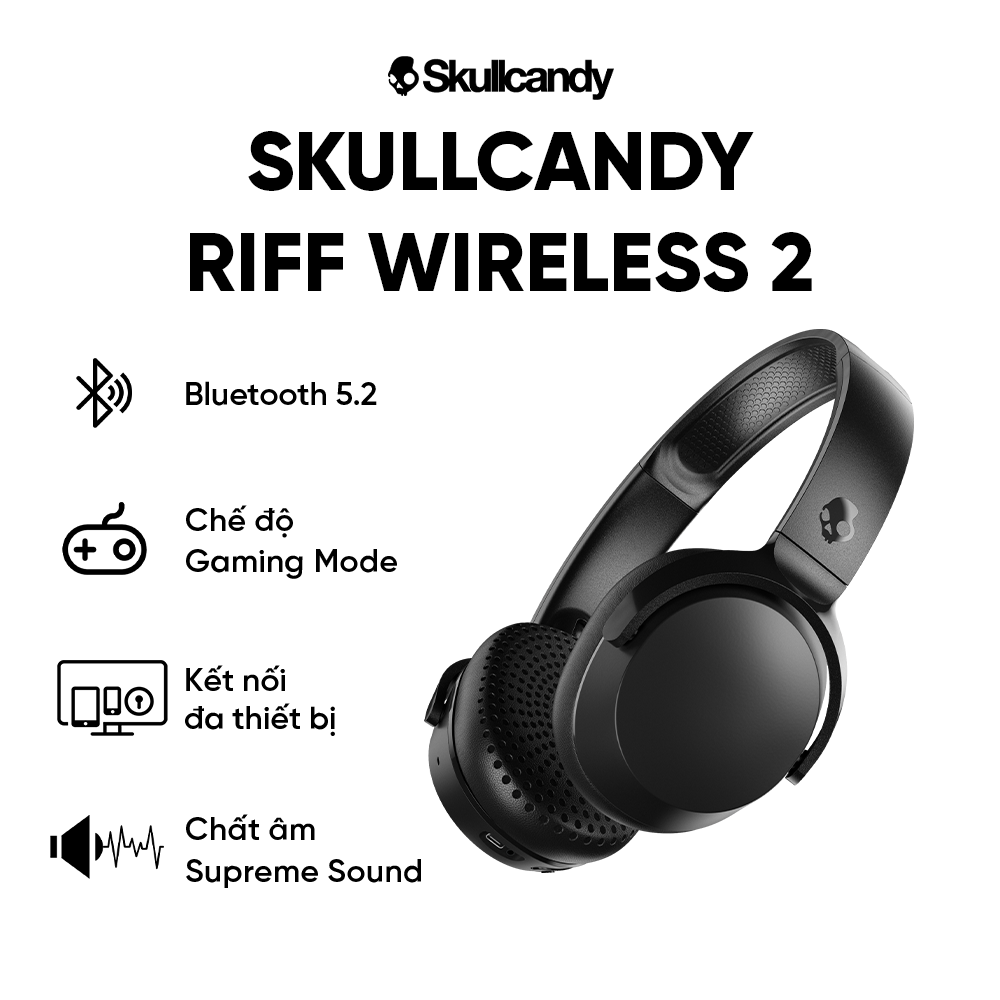 Tai nghe Headphone Skullcandy Riff Wireless 2 - Màu đen - Không dây - Xuyên âm - Chống nước - Pin 34 giờ - Hàng chính hãng