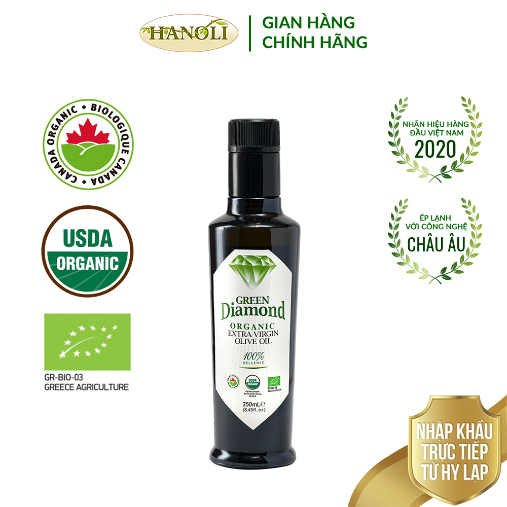 Dầu oliu organic siêu nguyên chất GREEN DIAMOND chai 250ml