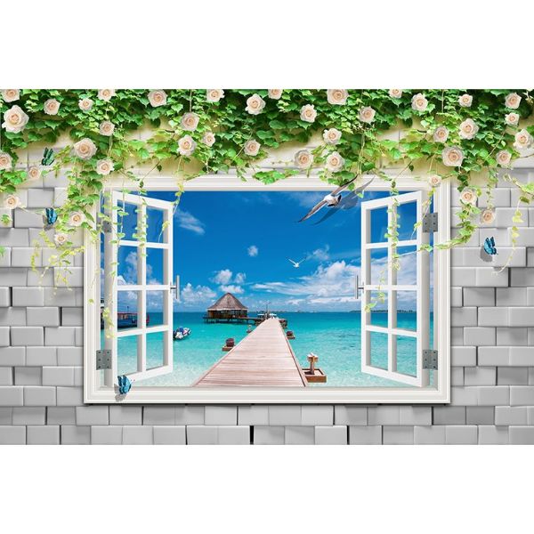 Tranh dán tường 3d cửa sổ biển và hoa hồng ép lụa kim sa có sẵn keo CS34