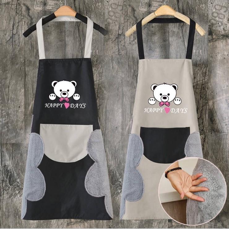 Tạp dề nội trợ dạng yếm in hình GẤU có túi, chống nước, chống dầu mỡ, có thể lau tay trực tiếp