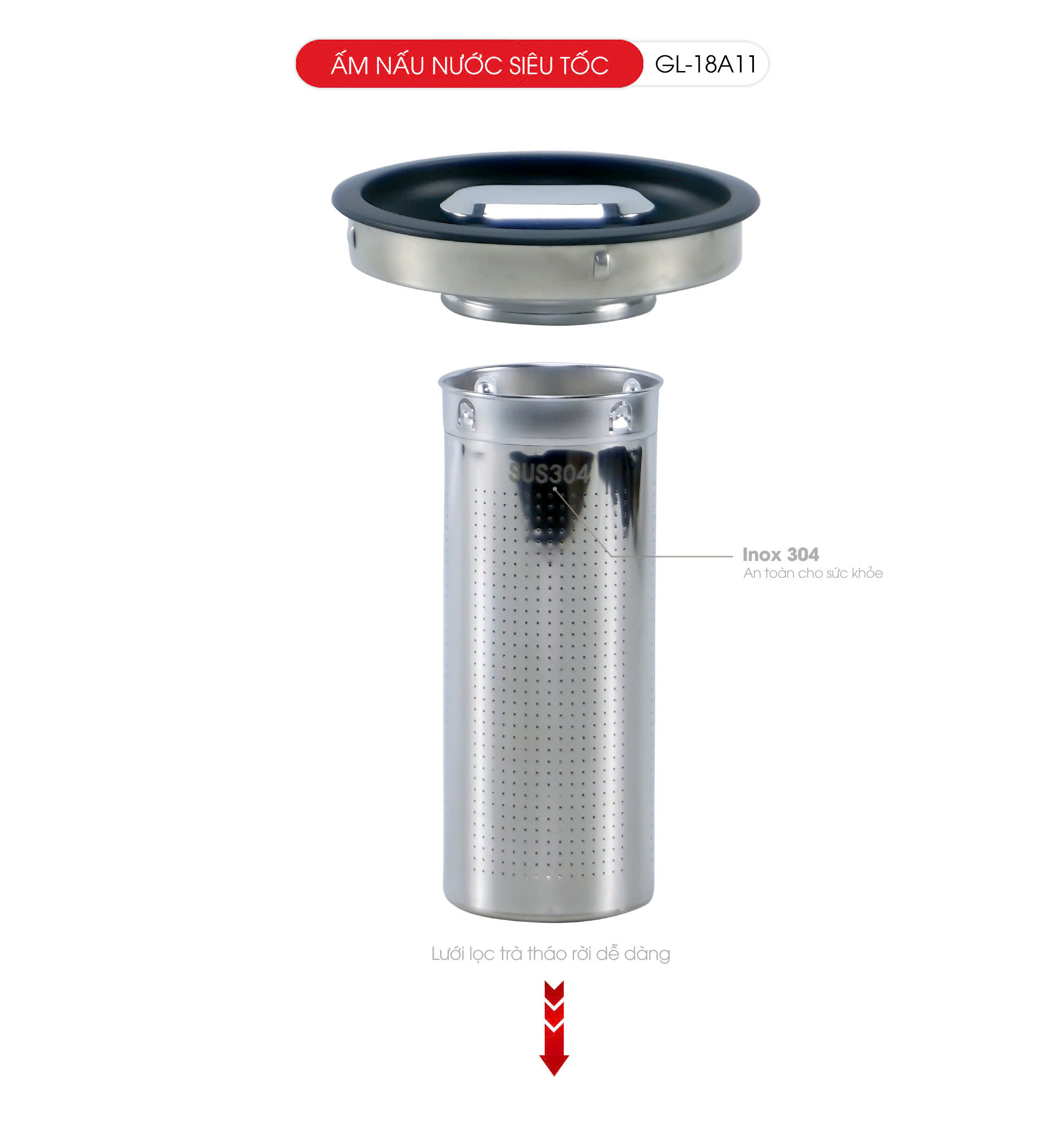 Ấm Nấu Nước Siêu Tốc Thủy Tinh Gali GL-18A11–Dung Tích 1.7L–Lưới Lọc Pha Trà–Mâm Nhiệt Inox 304–Tự Ngắt An Toàn