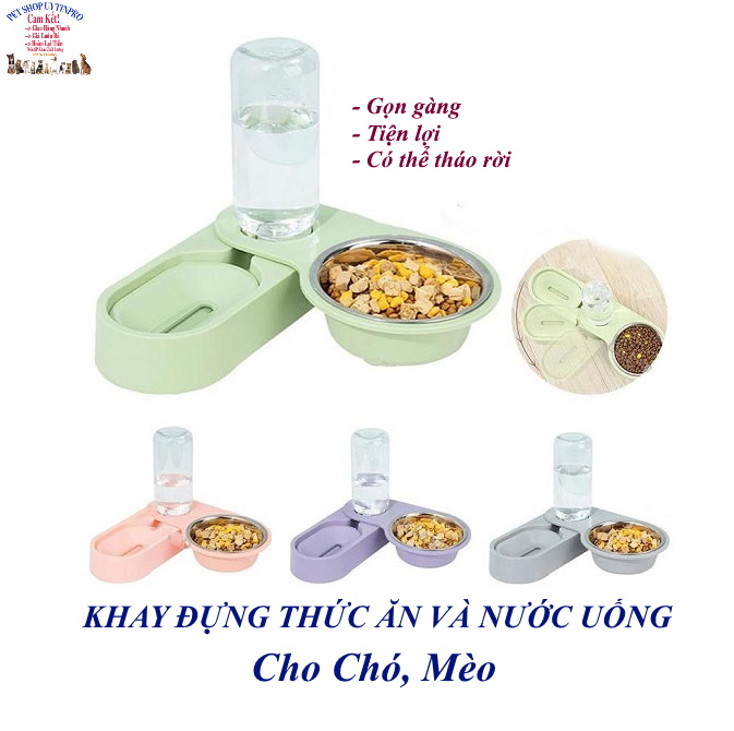 Khay đựng thức ăn và nước uống cho Chó Mèo Kèm tô inox và chai đựng nước Có thể tháo rời Chất liệu nhựa an toàn,tiện lợi