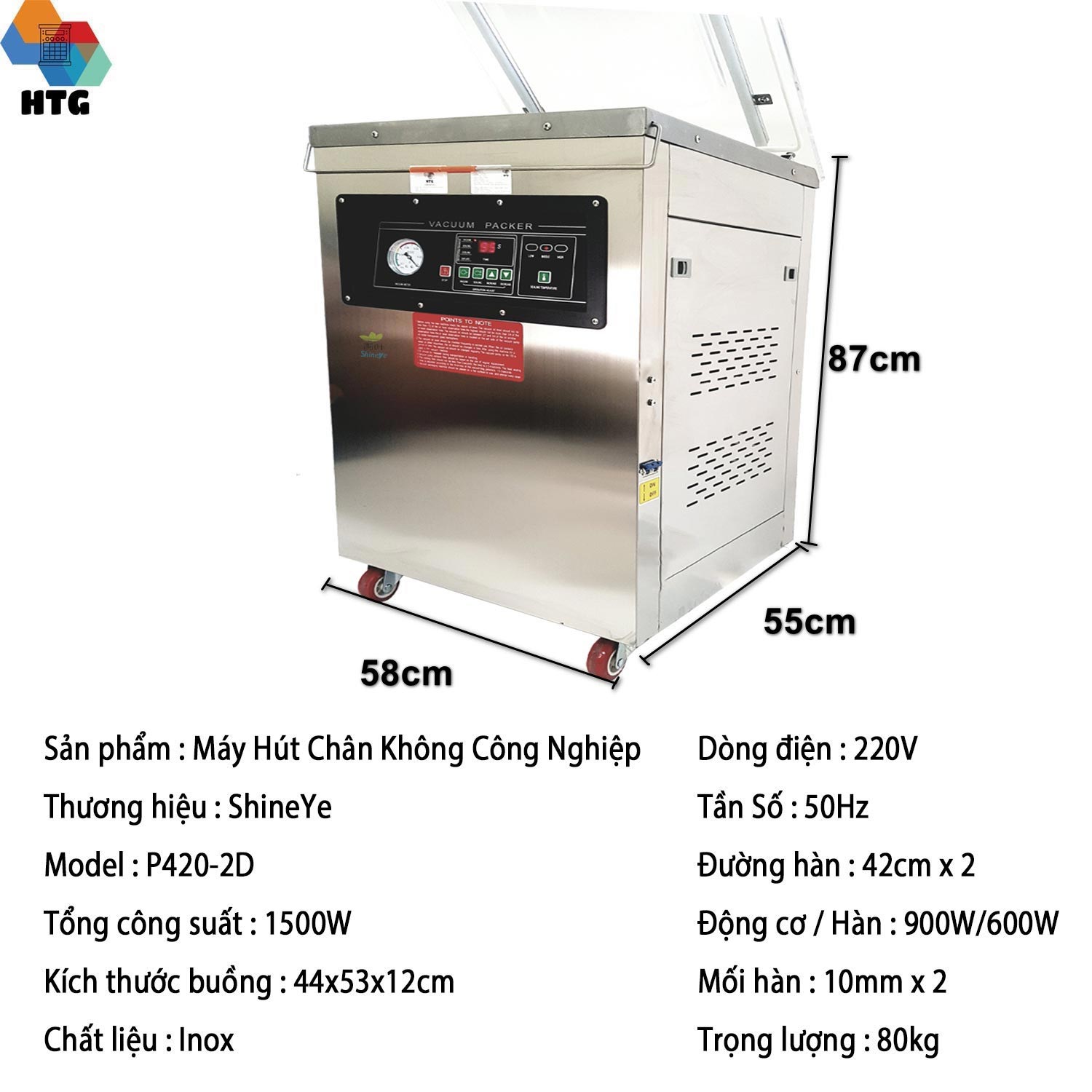 Máy hút chân không Shineye P420-2D ứng dụng thương mại,hút nhiều túi 1 lần, buồng hút lớn và sâu, đường hàn lớn đôi, Inox Bền Bỉ, công suất lớn, Độ Chân Không Kiệt Quệ -1Mpa, Hàng Chính Hãng