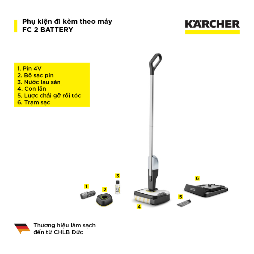 Máy lau sàn không dây Karcher FC 2 Battery - Hỗ trợ vệ sinh các bề mặt trên sàn với diện tích lên đến 70m2- Hàng Chính Hãng