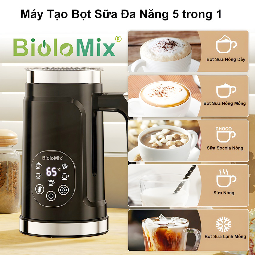 Máy tạo bọt sữa, cà phê, ca cao New Digital 5 trong 1 chuyên nghiệp thương hiệu Mỹ Biolomix BMF102E - Hàng chính hãng (BẢO HÀNH 1 NĂM)