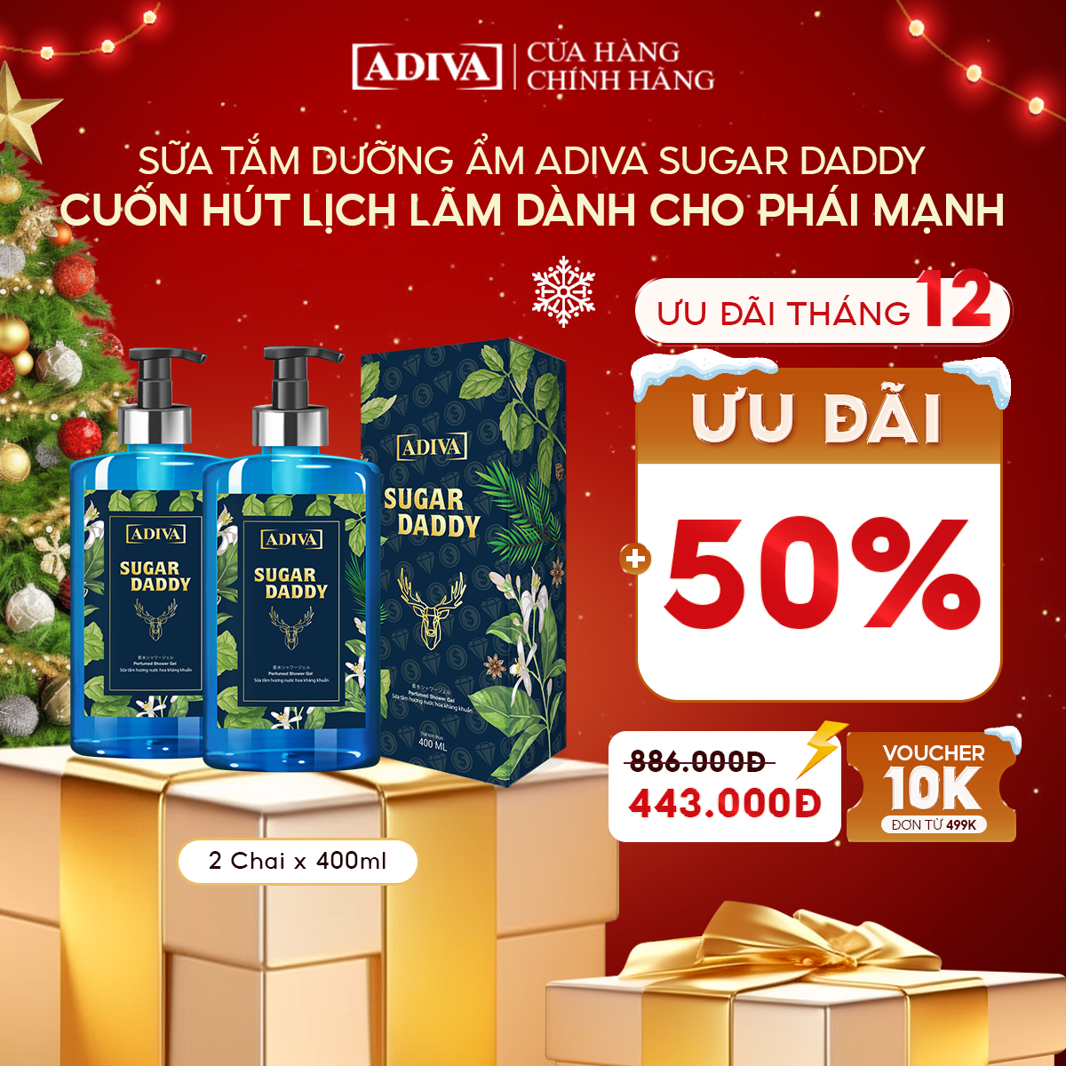 Combo 2 Chai Sữa Tắm Dưỡng Ẩm Hương Nước Hoa Kháng Khuẩn Cho Nam ADIVA Sugar Daaddy (400ml/Chai)