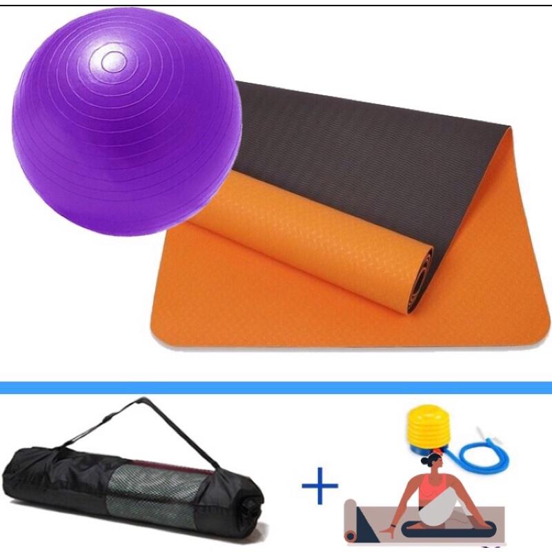 Combo thảm tập yoga 6mm 2 lớp + bóng tập yoga cao cấp (Kèm túi đựng thảm và bơm bóng