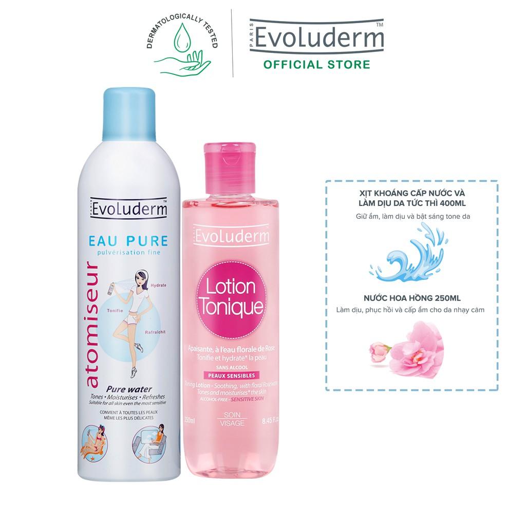 Bộ Xit khoáng Evoluderm Atomiseur Eau Pure 400ml và Nước hoa hồng Evoluderm cho da nhạy cảm 250ml