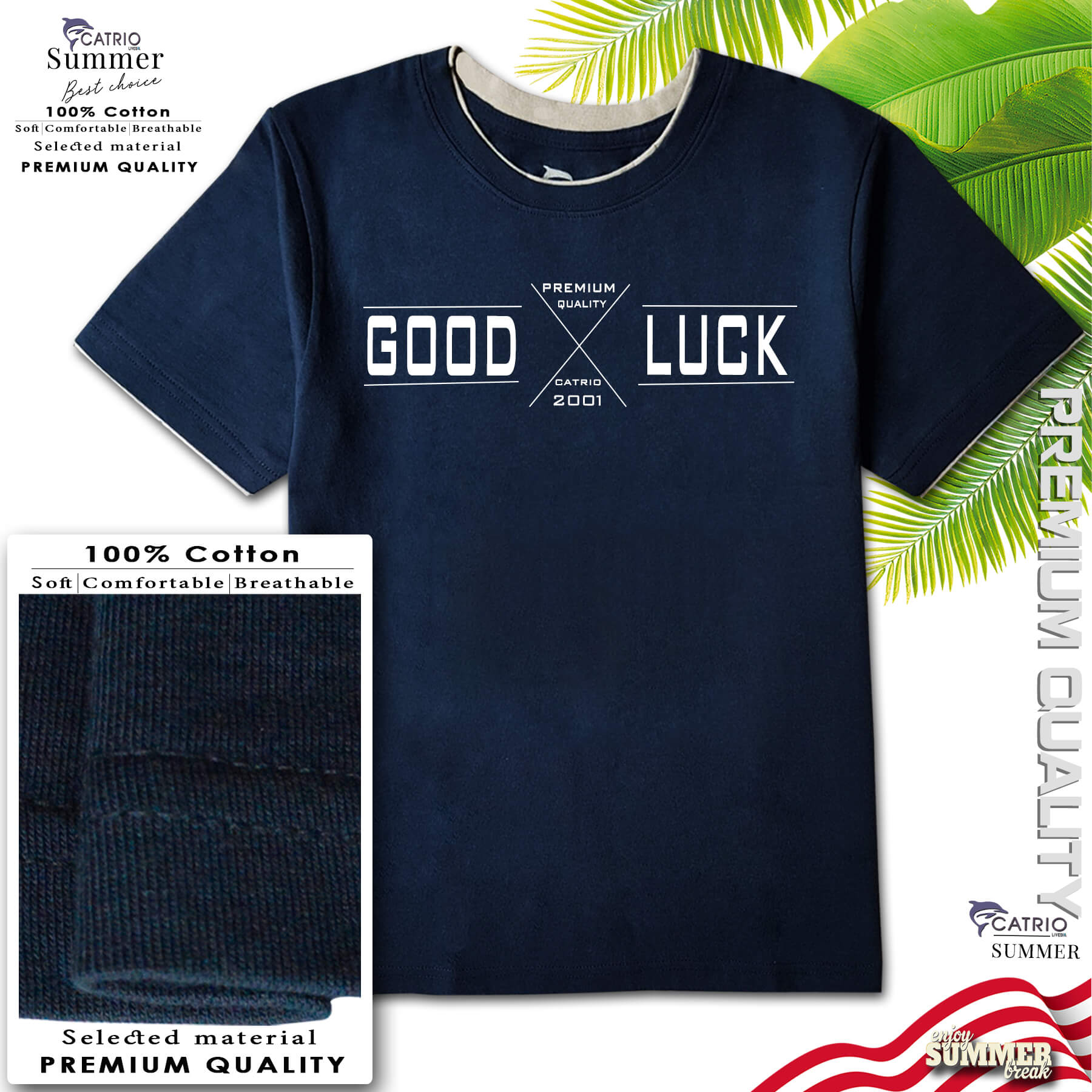 ÁO THUN BÉ TRAI NGẮN TAY CATRIO in GOODLUCK là áo phông trẻ em từ 9T..18 tuổi màu NAVY