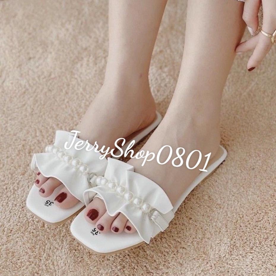 Dép nữ , DÉP BỆT quai ngang nhún bèo hạt cườm mẫu mới siêu xinh