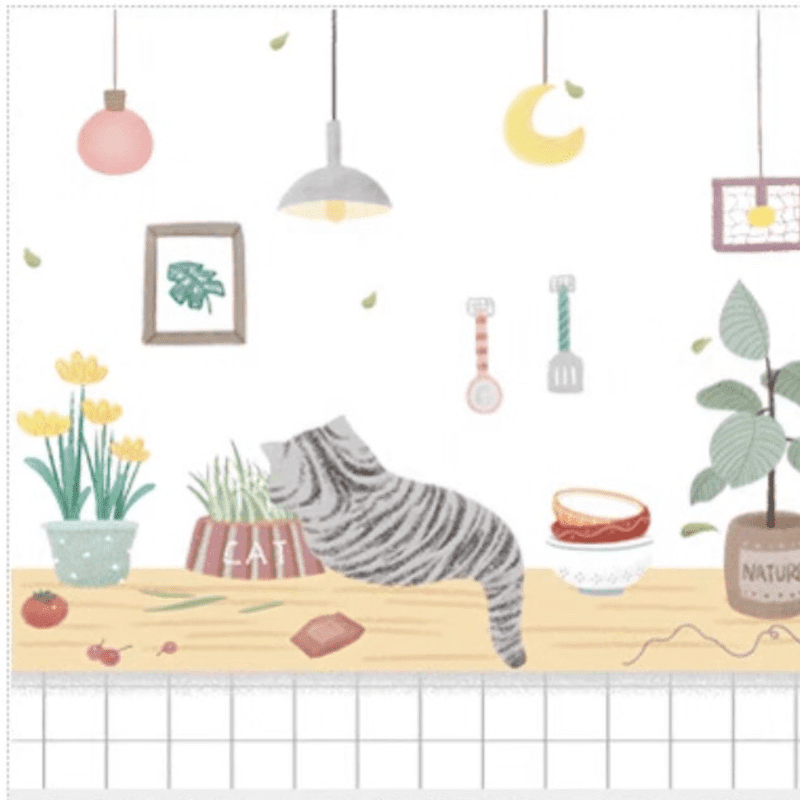 Decal dán bếp tráng nhôm mèo và không gian bếp khổ 60cm