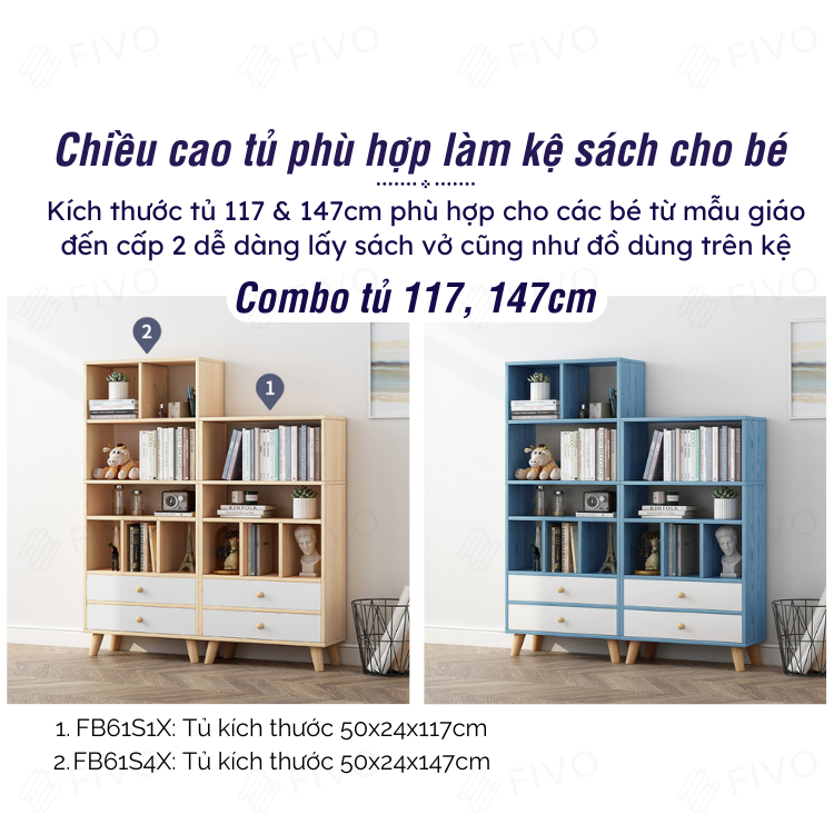 Tủ Đựng Sách Gỗ MDF Đa Tầng FIVO FB61 Có Hộc Kéo Phong Cách Hàn Quốc Dễ Dàng Lắp Ráp Màu Xanh - Hàng Chính Hãng