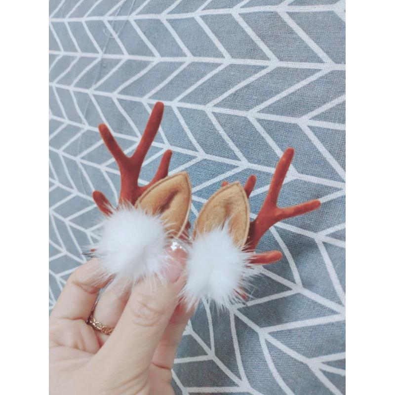 Kẹp tóc noel tai hươu bông nâu sừng đỏ