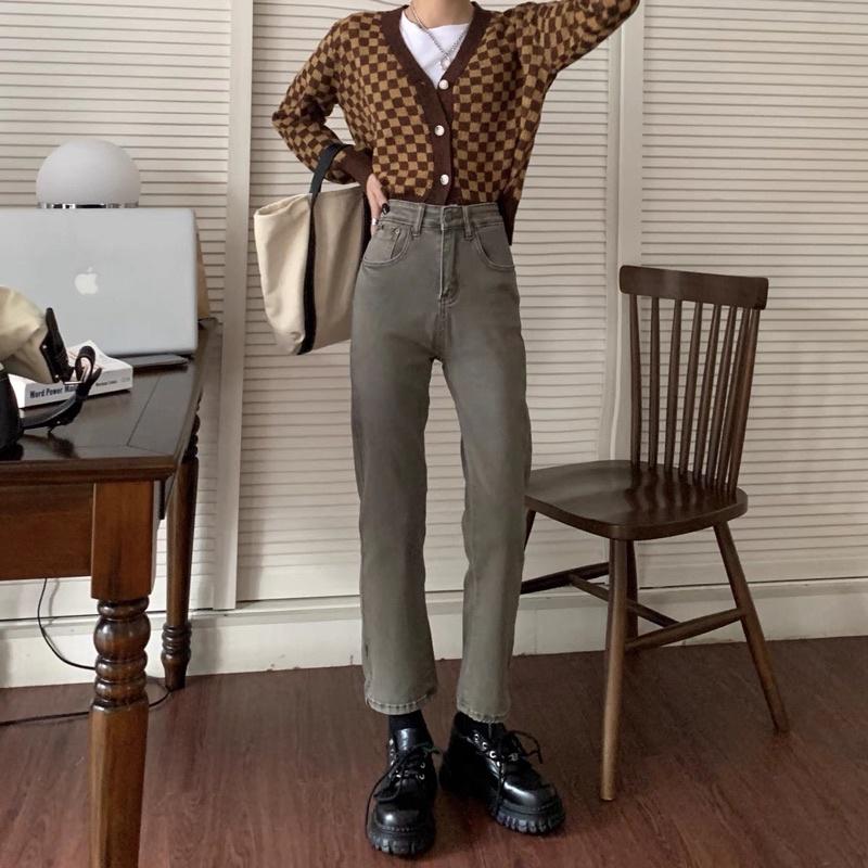 Quần jeans ống đứng xẻ màu ghi xám