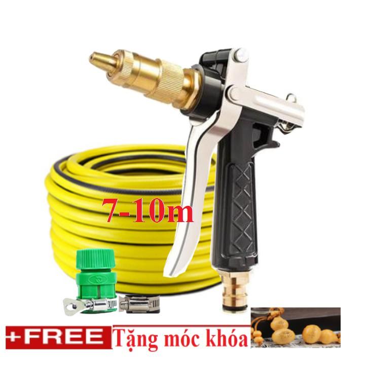 Bộ dây vòi xịt nước rửa xe, tưới cây đa năng, tăng áp 3 lần, loại 7m, 10m 206236 đầu đồng,đai+ tặng móc khoá