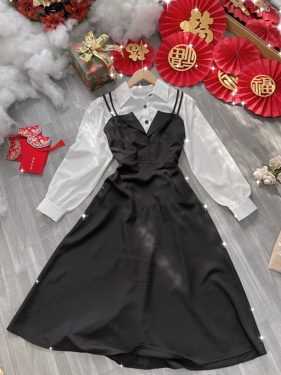 SET ĐẦM DÀI DÂY SUÔNG TRƠN + ÁO SƠ MI TRẮNG DẠO PHỐ DỰ TIỆC GIÁNG SINH NOEL