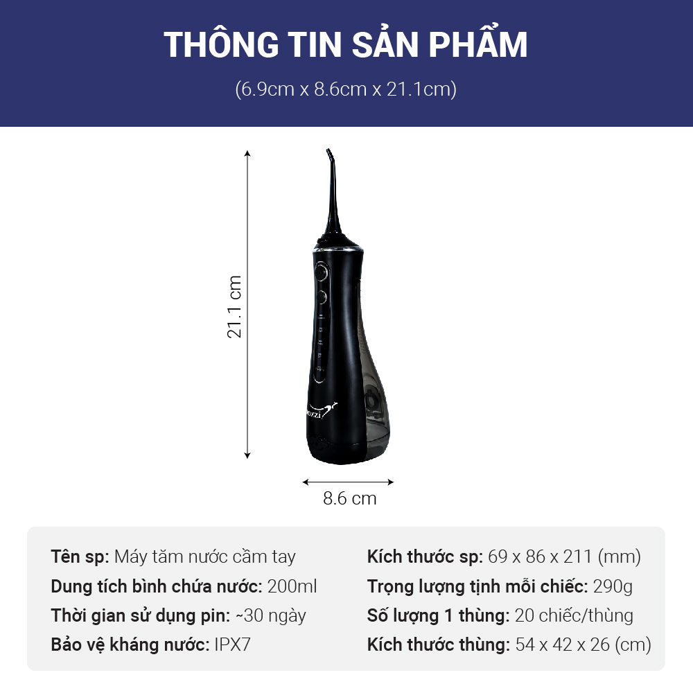 Máy tăm nước cầm tay DZE218B Dozzi (Hàng chính hãng)