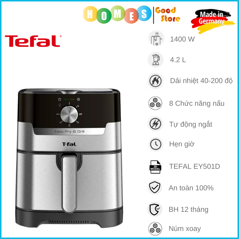 Nồi Chiên Không Dầu TEFAL EY501D, Nhập Khẩu Đức, 8 Chức Năng Chiên, Dung Tích 4.2L, Công Suất 1400W - Hàng Nhập Khẩu