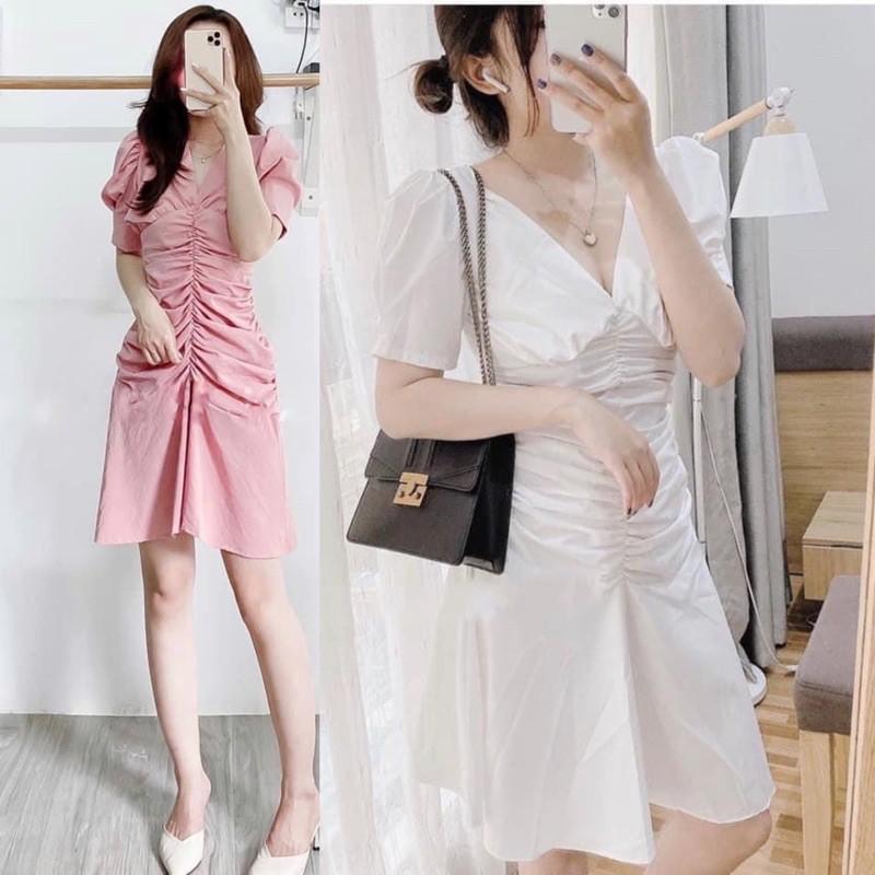 Đầm đuôi cá trắng cổ V nhún thân bèo