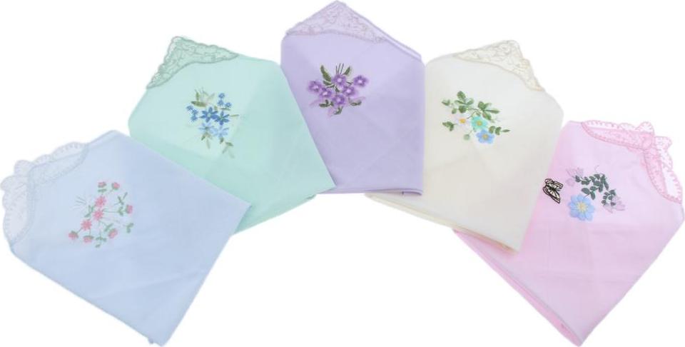 Yotijar Nữ Thêu Hoa Cotton Phối Ren Khăn Tay Hankies Gói 5
