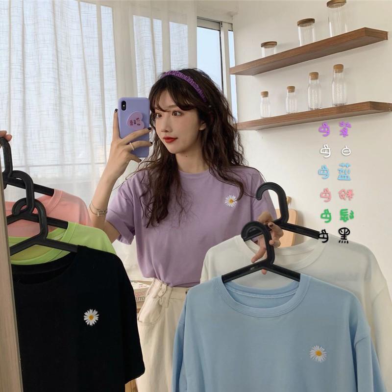 Women Summer Crew Neck College Short Sleeve Floral Print Loose T-Shirt Tops