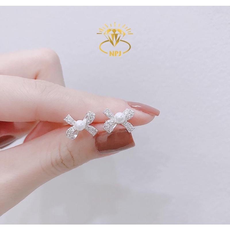 Bông tai nơ gắn trai trẻ trung, Hoa tai nữ Bạc xinh - Bạc Npj