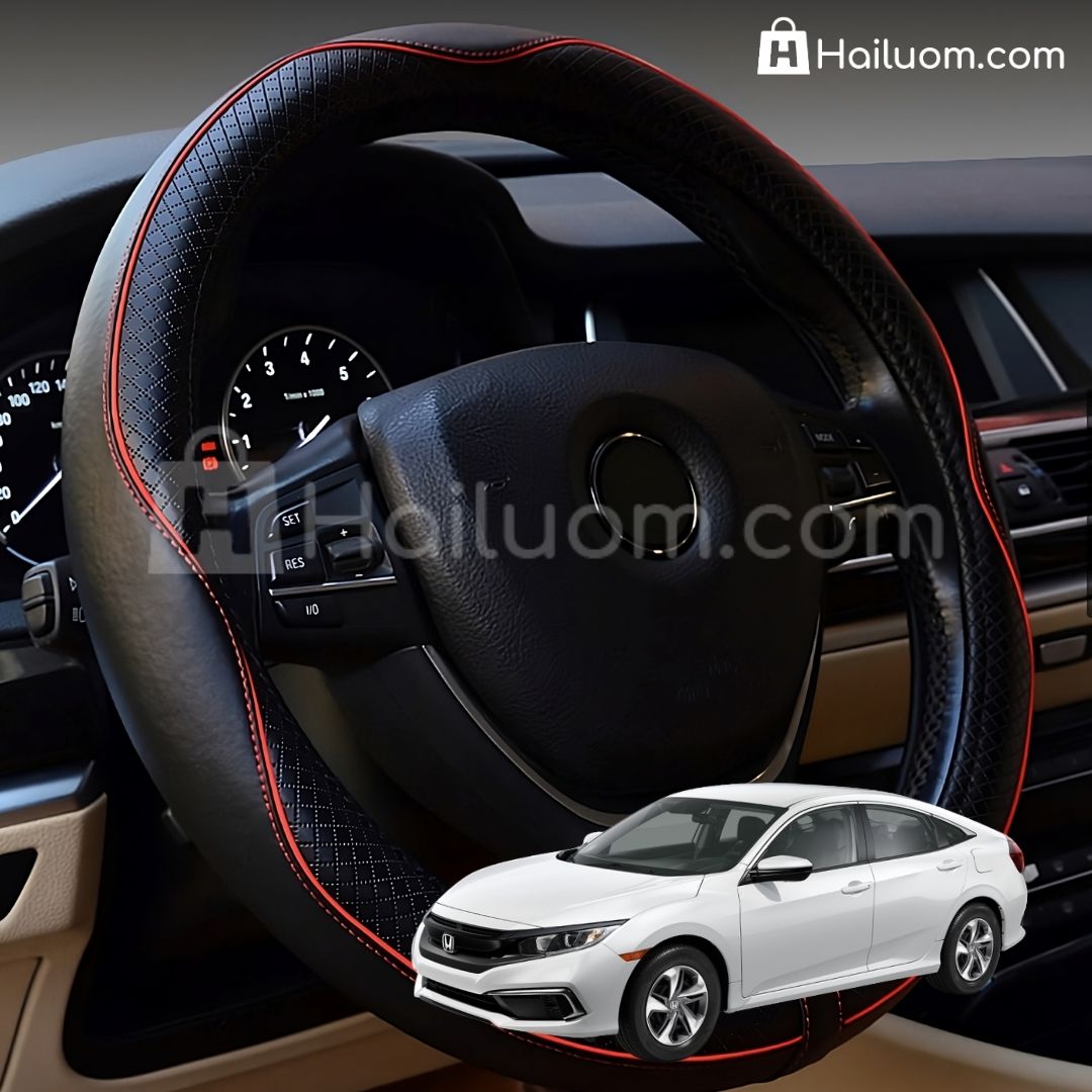 Bọc Vô Lăng ô tô cho HONDA CIVIC Da Thật Cao Cấp - Màu Đen Chỉ Đỏ