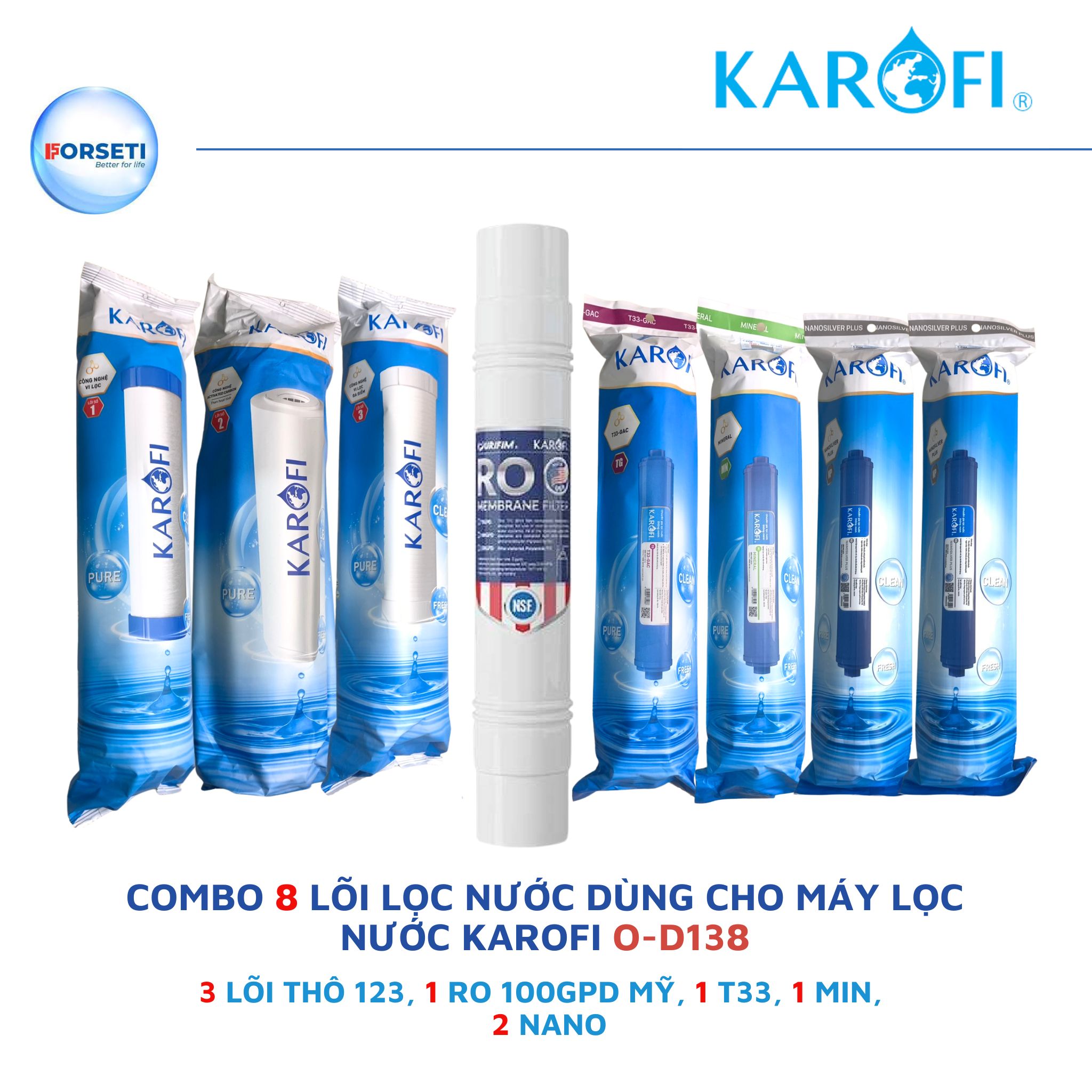 Bộ 8 lõi lọc nước Karofi dùng cho máy lọc nước Karofi model O-D138 - Hàng chính hãng