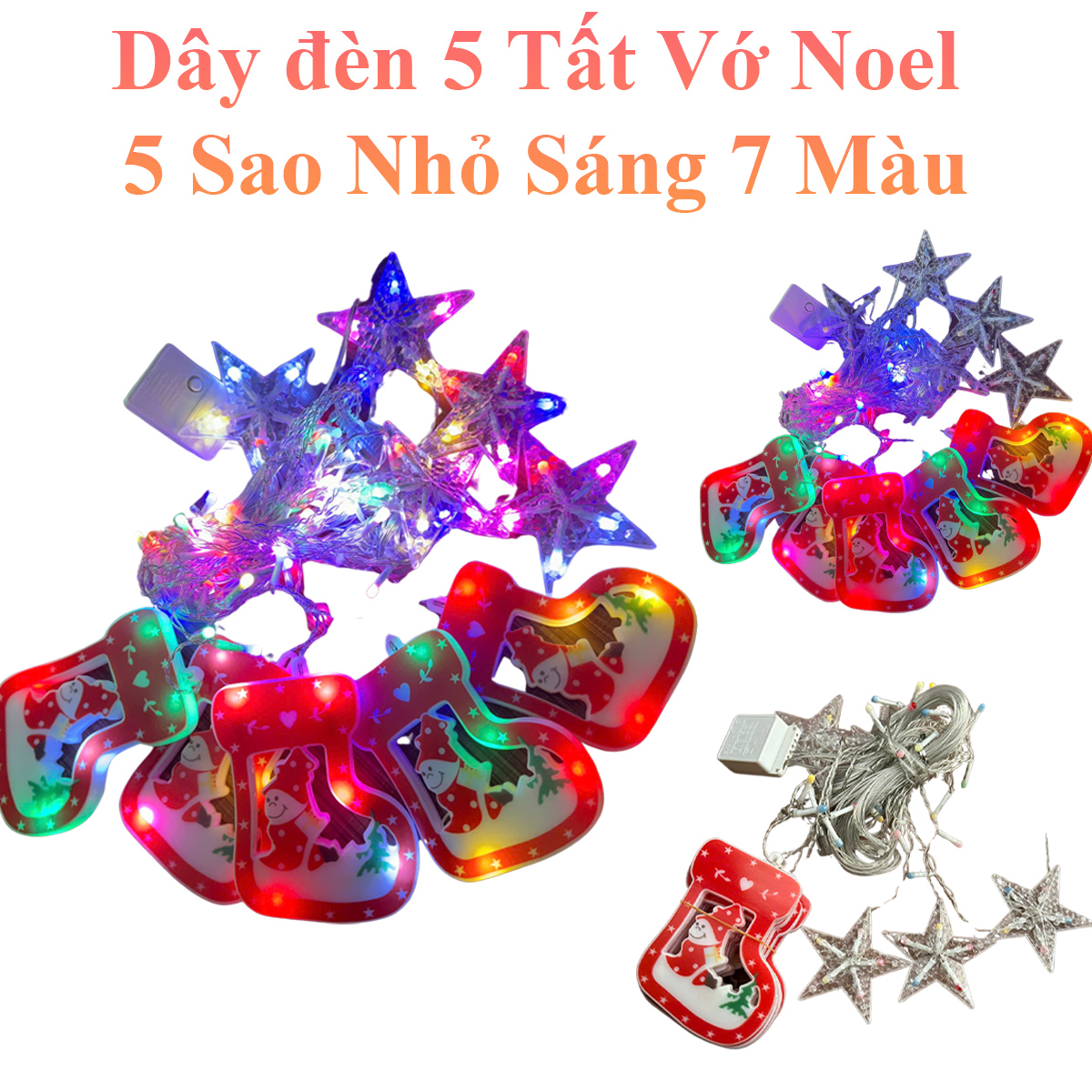 Dây Đèn 5 Tất Vớ Noel + 5 Sao Nhỏ Sáng 7 Màu