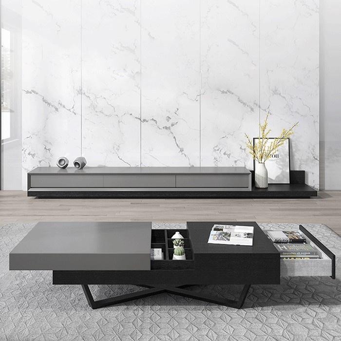 COMBO kệ TV bàn trà hiện đại vân sồi màu xám + đen - Bộ nội thất phòng khách giá sốc LUX-KTV09