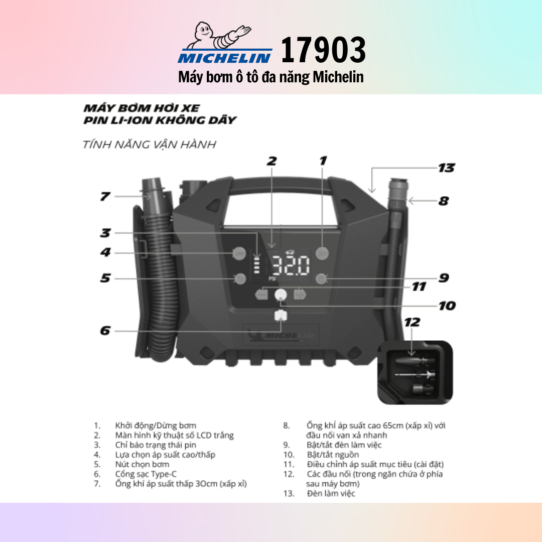 Bơm Lốp Ô Tô Michelin 17903 Không Dây Cao Cấp - Hàng Chính Hãng