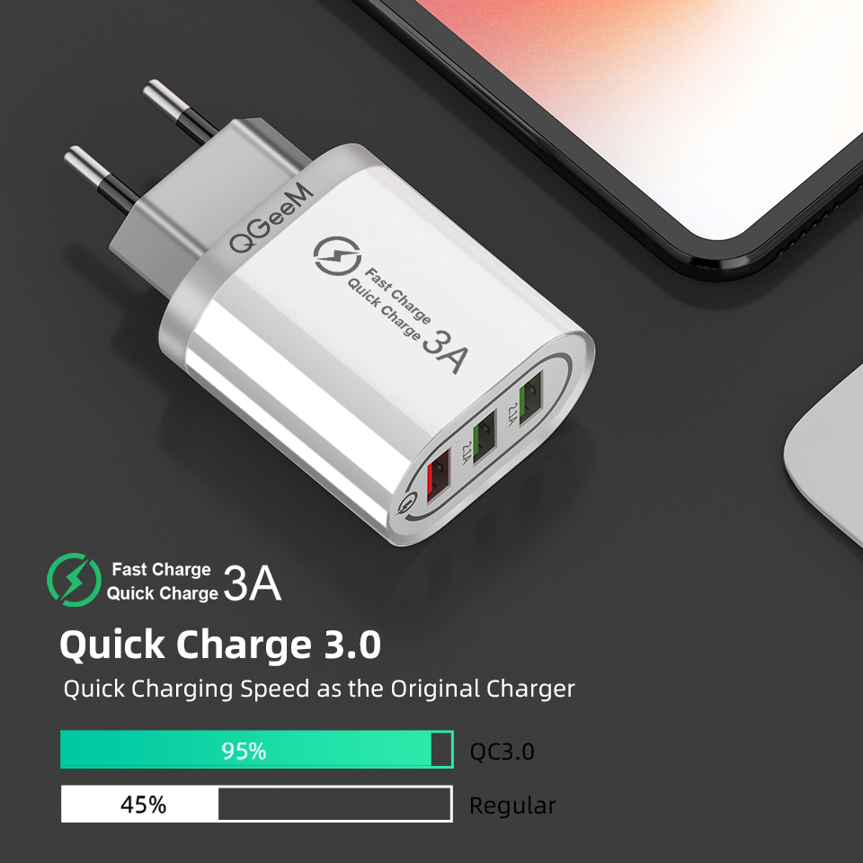 Củ sạc nhanh QGeeM 3 cổng USB hỗ trợ Quick Charge 3.0 cho iPhone EU Plug 18W Adapter chuyển đổi sạc nhanh dành cho Samsung Xiaomi Huawei-Hàng Chính Hãng