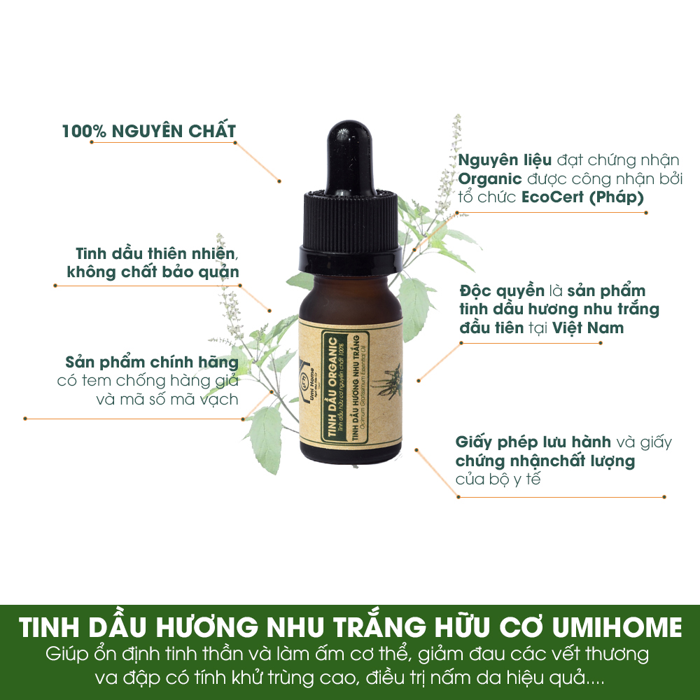 Tinh Dầu Hương Nhu Trắng Nguyên Chất UMIHOME (10ml) - Dùng cho đèn xông hương tắm ổn định tinh thần và làm ấm cơ thể, loại bỏ nấm da hiệu quả