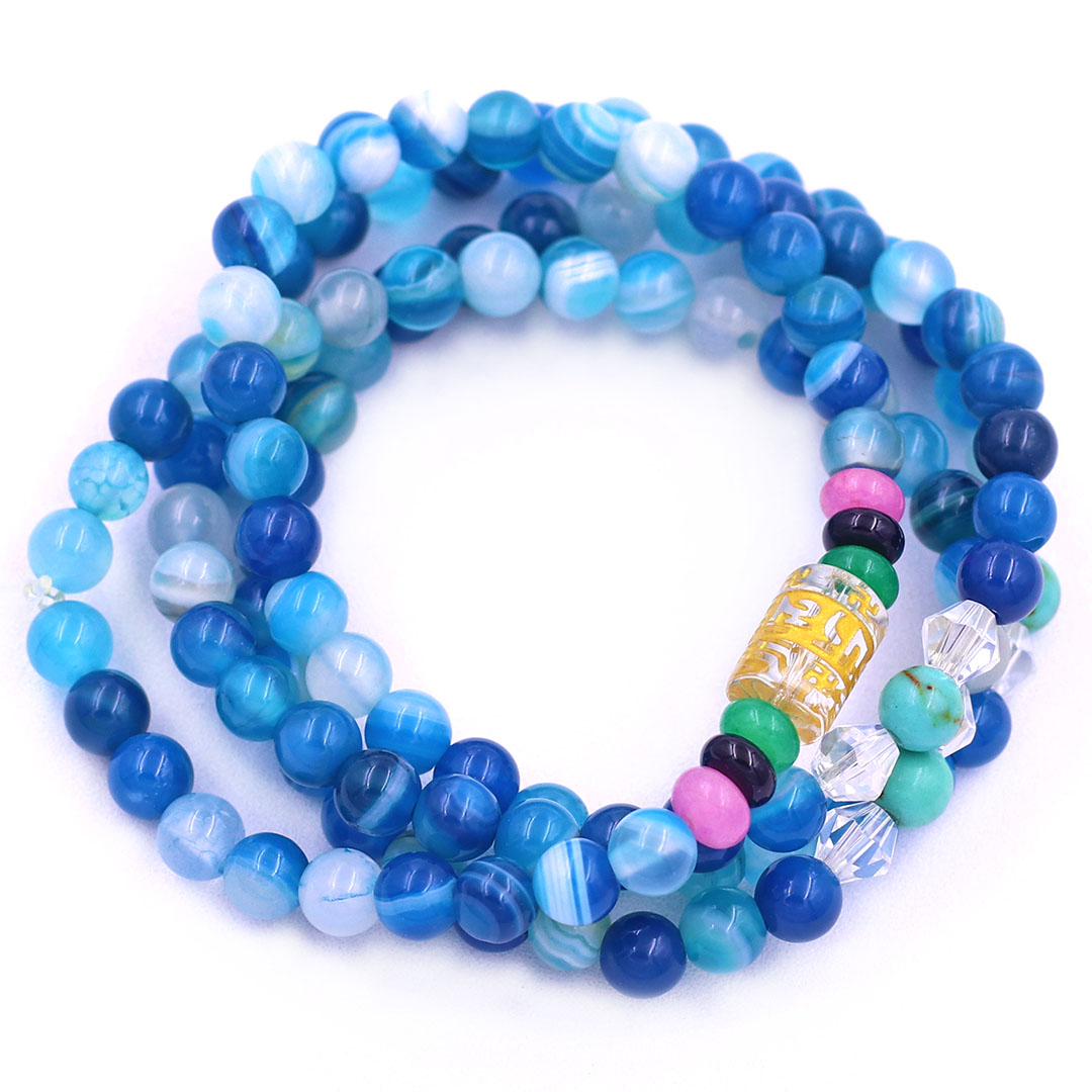 Vòng chuỗi 108 hạt mã não xanh biển sọc 6 ly charm lục tự kim ngôn, vòng chuỗi niệm Phật, vòng chuỗi đeo tay