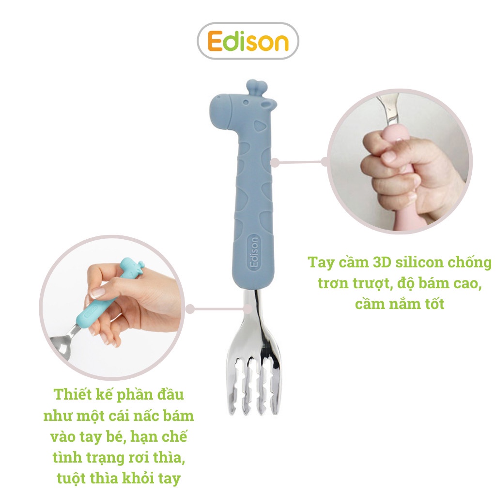 Bộ thìa nĩa ăn dặm cho bé inox 304 chống gỉ bọc silicon BPA Free có hộp đựng hình hươu cao cổ Edison 5325 Chính hãng Hàn Quốc - Màu  xám xanh