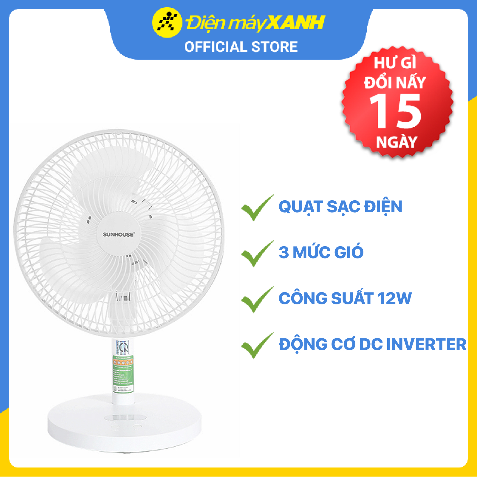 Quạt Sạc Tích Điện Sunhouse SHD7115 - Hàng Chính Hãng