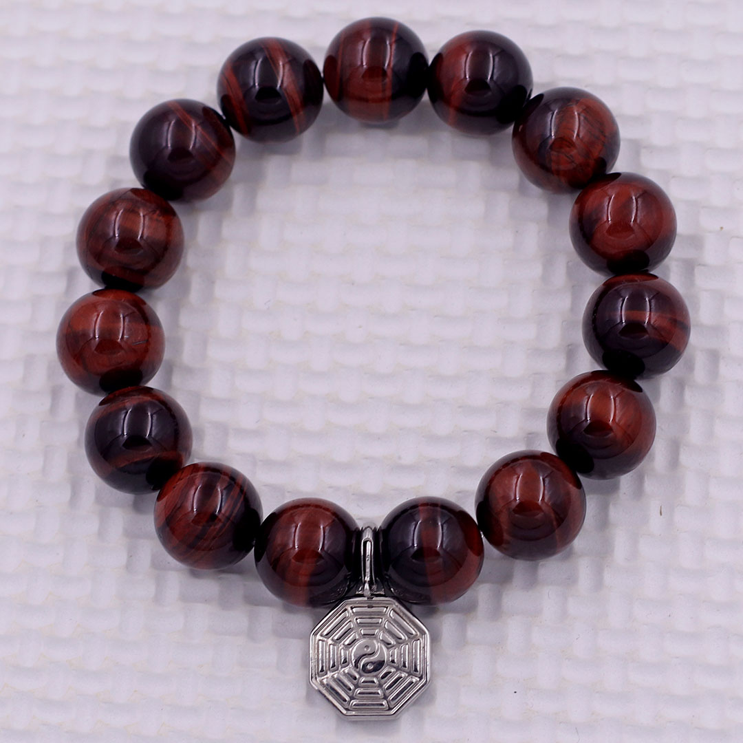 Vòng chuỗi đeo tay đá mắt hổ đen đỏ charm bát quái inox, vòng tay hạt chuỗi, vòng chuỗi phong thủy, vòng tay nam nữ
